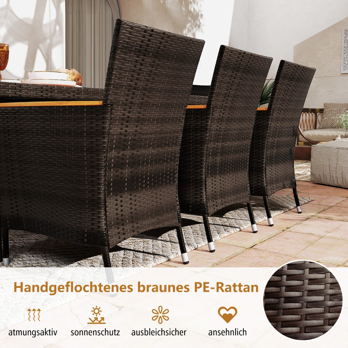 9 TLG. Rattan Gartenmöbel Set Sitzgruppe für 8 Personen Gartentisch mit Tischplatte aus Akazienholz mit Schirmloch