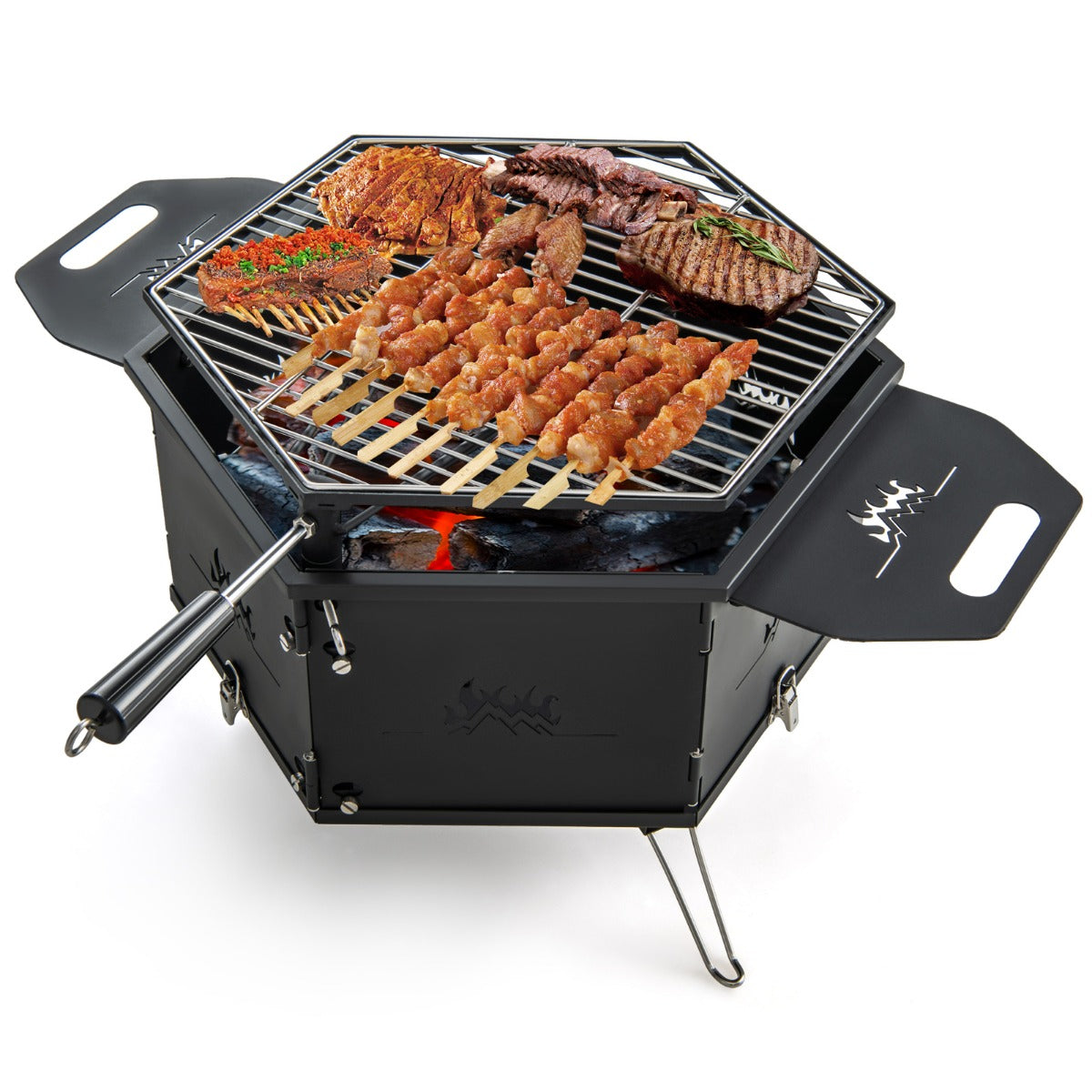 großer Holzkohlegrill mit 360° drehbarem Grill 2 in 1 Feuerschale 77 x 74 x 38 cm
