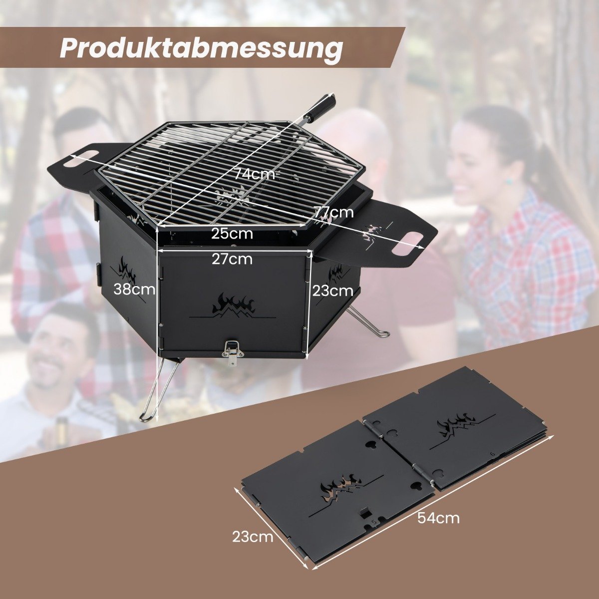 großer Holzkohlegrill mit 360° drehbarem Grill 2 in 1 Feuerschale 77 x 74 x 38 cm