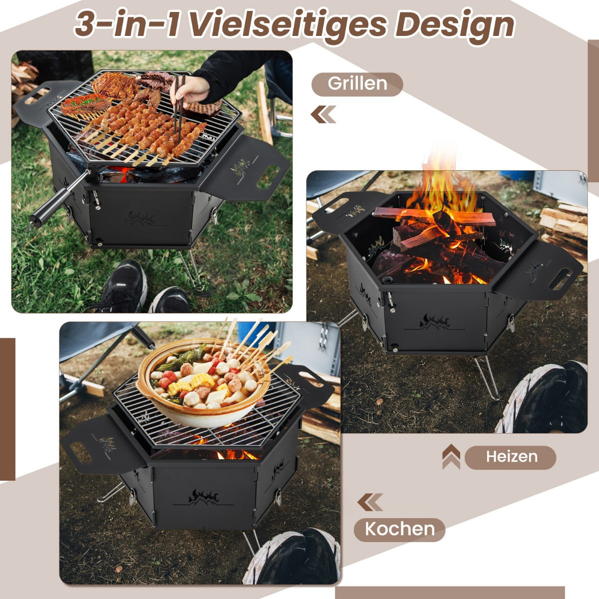 großer Holzkohlegrill mit 360° drehbarem Grill 2 in 1 Feuerschale 77 x 74 x 38 cm