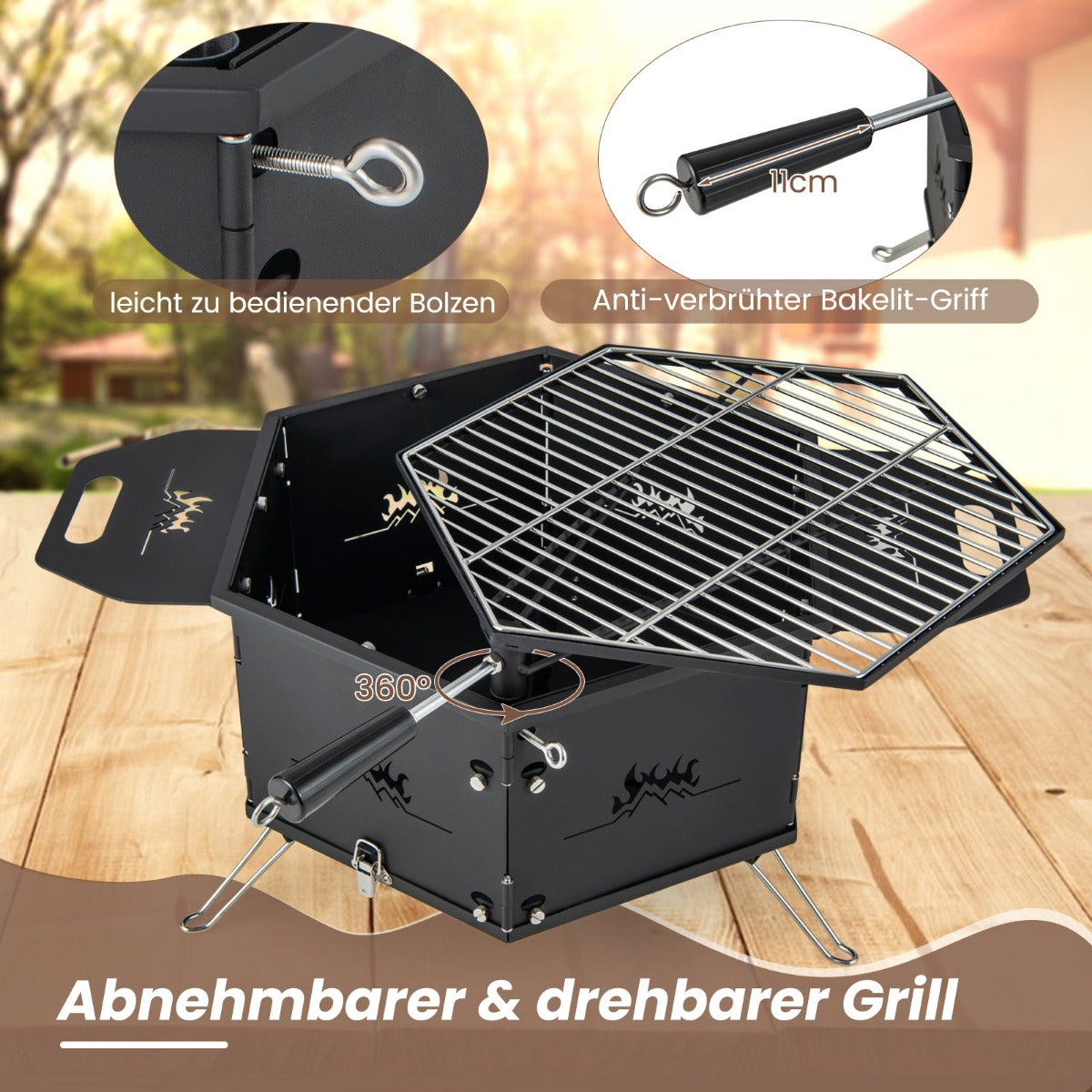 großer Holzkohlegrill mit 360° drehbarem Grill 2 in 1 Feuerschale 77 x 74 x 38 cm
