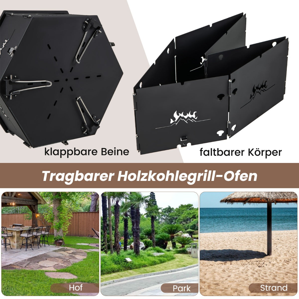 großer Holzkohlegrill mit 360° drehbarem Grill 2 in 1 Feuerschale 77 x 74 x 38 cm
