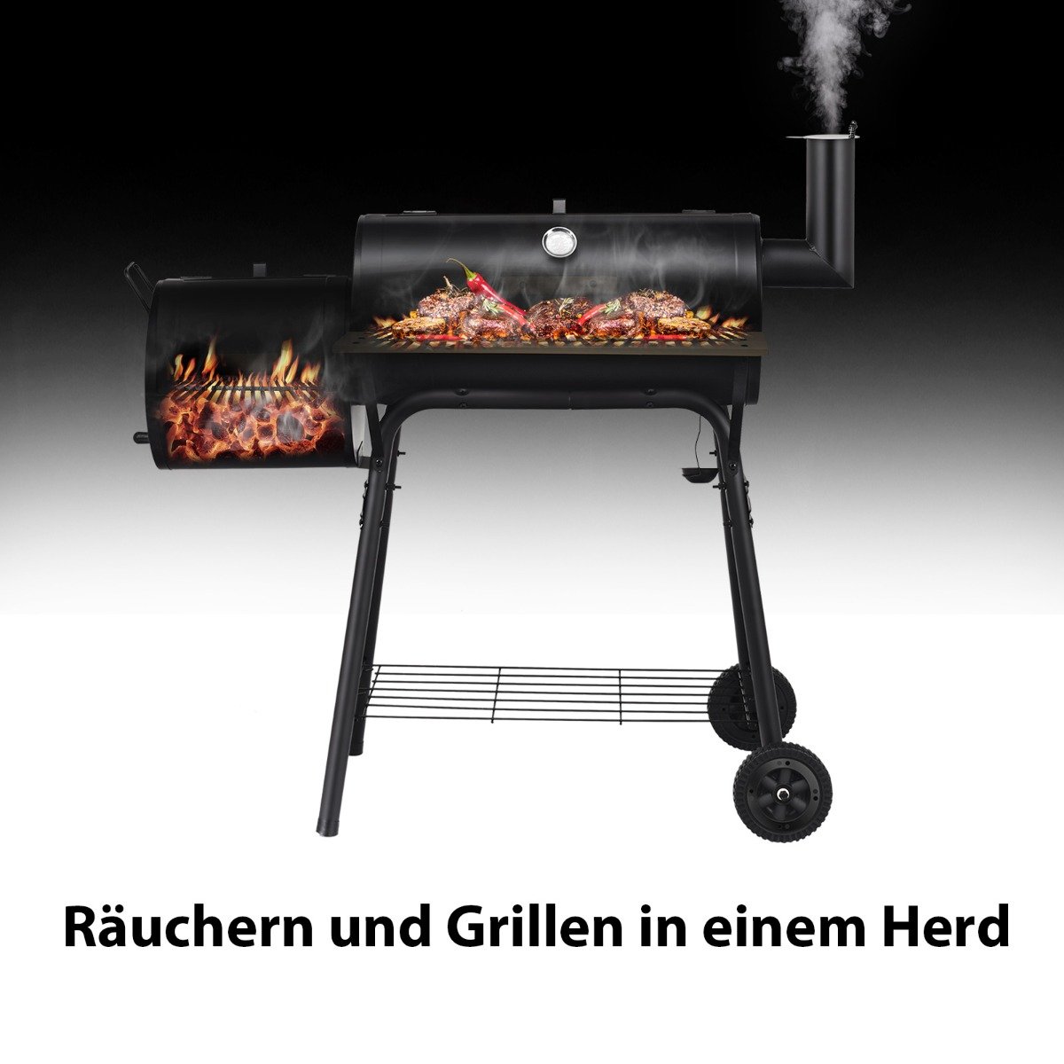 BBQ-Holzkohlegrill mit Rädern Grillwagen mit Deckel Outdoor-Grill 115 x 65 x 108 cm Schwarz