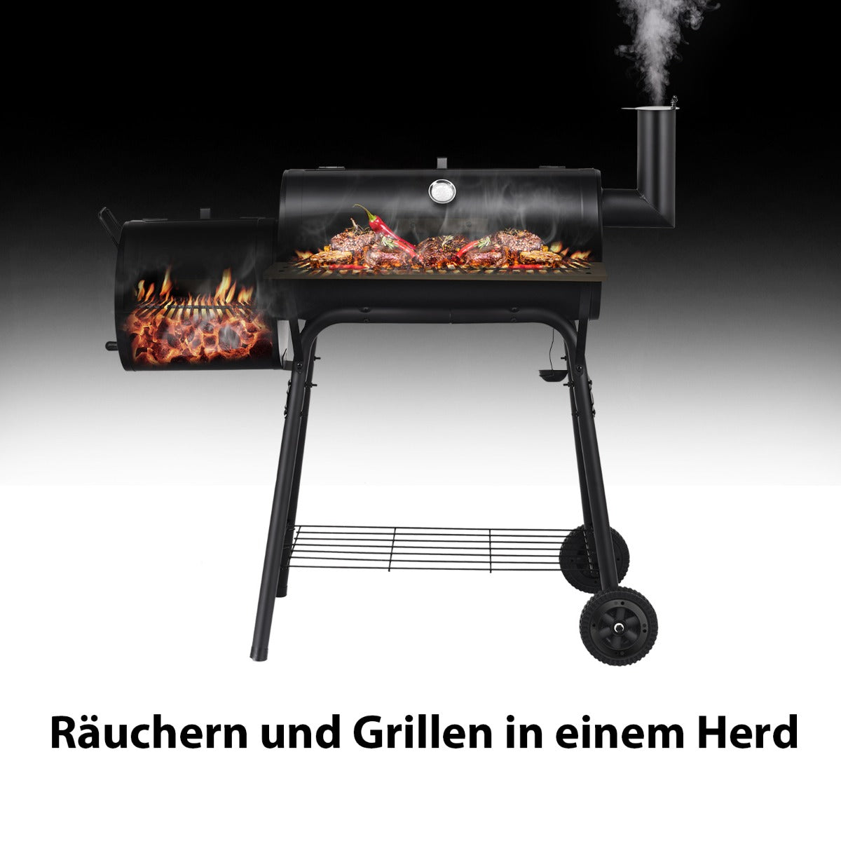 BBQ-Holzkohlegrill mit Rädern Grillwagen mit Deckel Outdoor-Grill 115 x 65 x 108 cm Schwarz