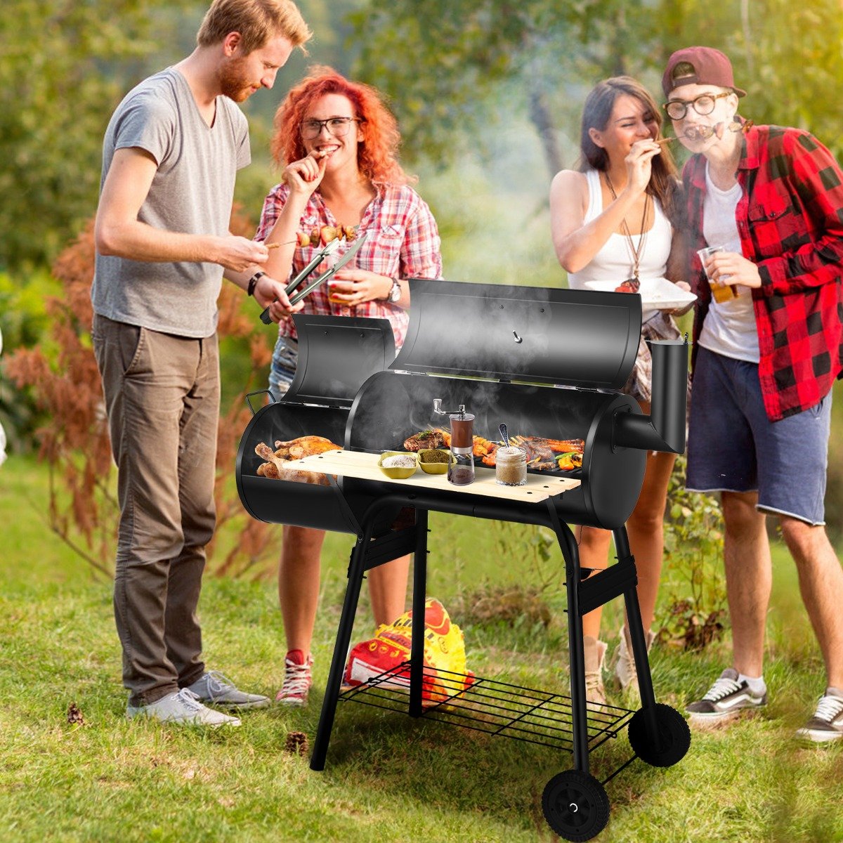 BBQ-Holzkohlegrill mit Rädern Grillwagen mit Deckel Outdoor-Grill 115 x 65 x 108 cm Schwarz