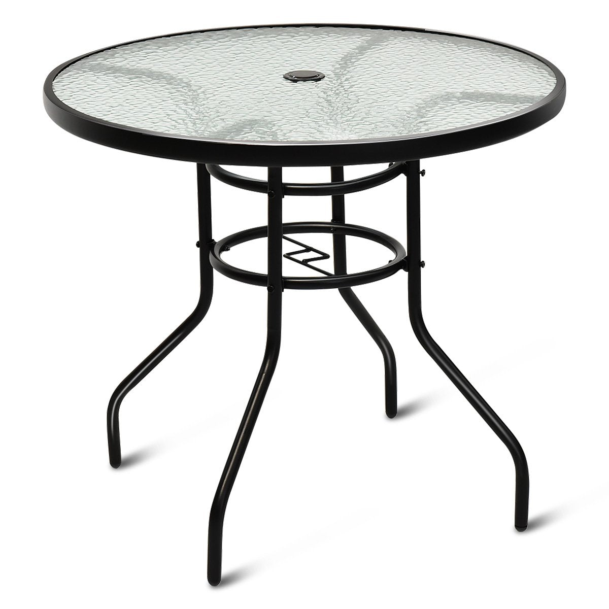 Bistrotisch aus Metall mit Schirmloch & Verdickter Glasplatte Gartentisch Glastisch Schwarz