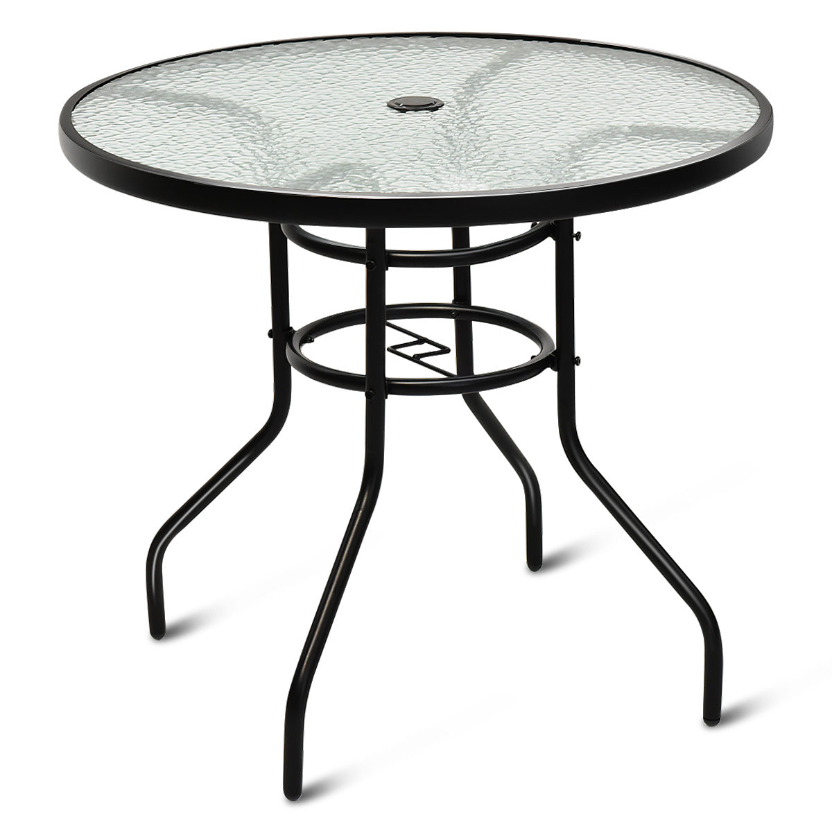 Bistrotisch aus Metall mit Schirmloch & Verdickter Glasplatte Gartentisch Glastisch Schwarz