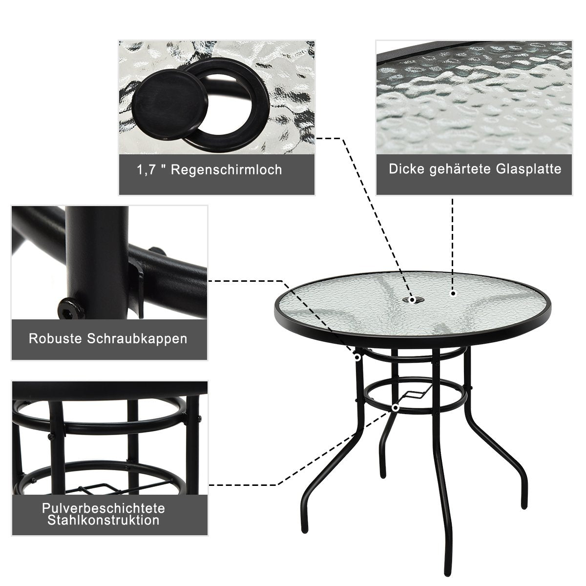 Bistrotisch aus Metall mit Schirmloch & Verdickter Glasplatte Gartentisch Glastisch Schwarz