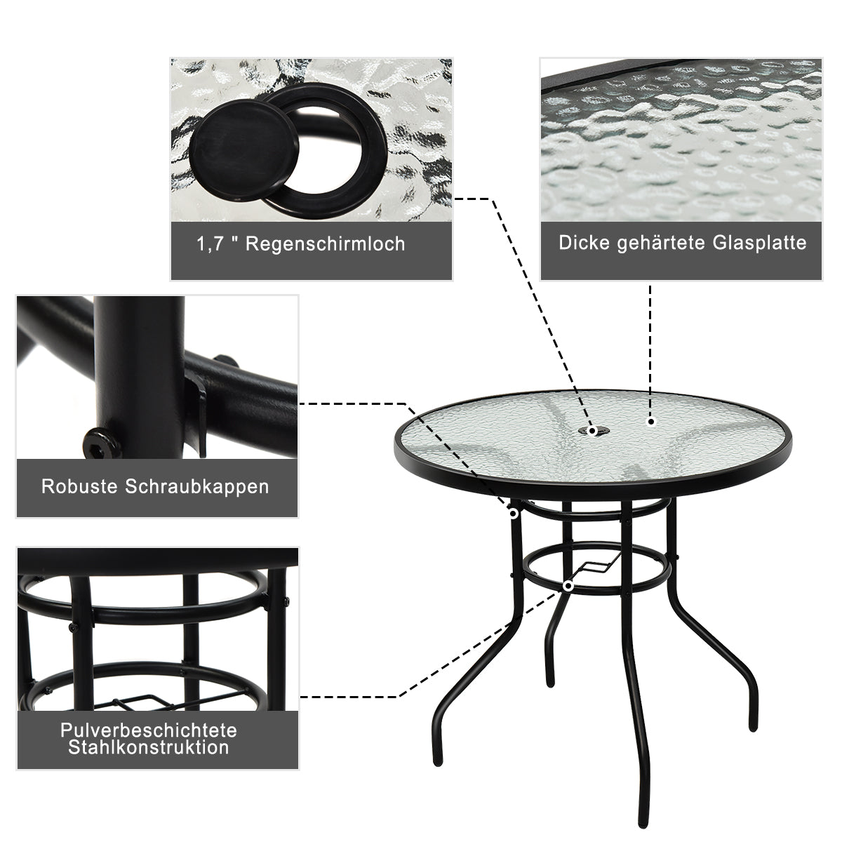 Bistrotisch aus Metall mit Schirmloch & Verdickter Glasplatte Gartentisch Glastisch Schwarz