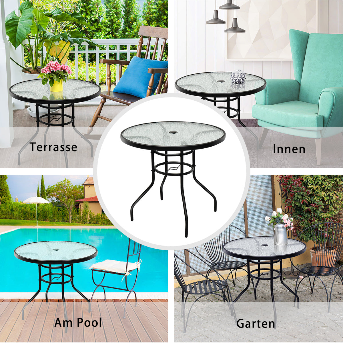 Bistrotisch aus Metall mit Schirmloch & Verdickter Glasplatte Gartentisch Glastisch Schwarz