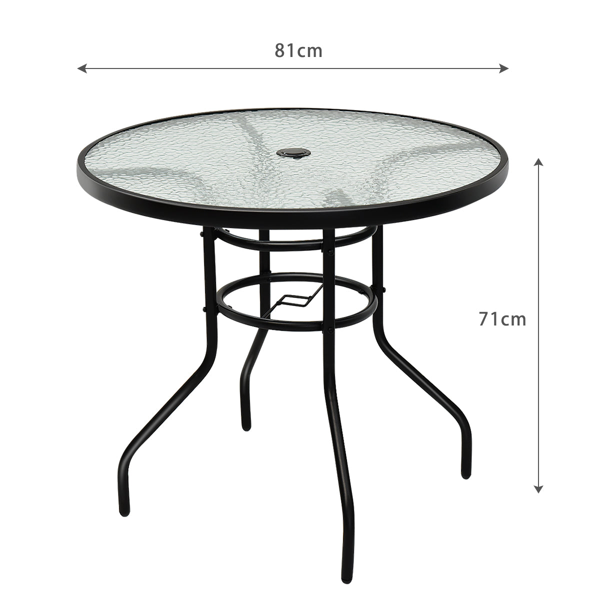 Bistrotisch aus Metall mit Schirmloch & Verdickter Glasplatte Gartentisch Glastisch Schwarz