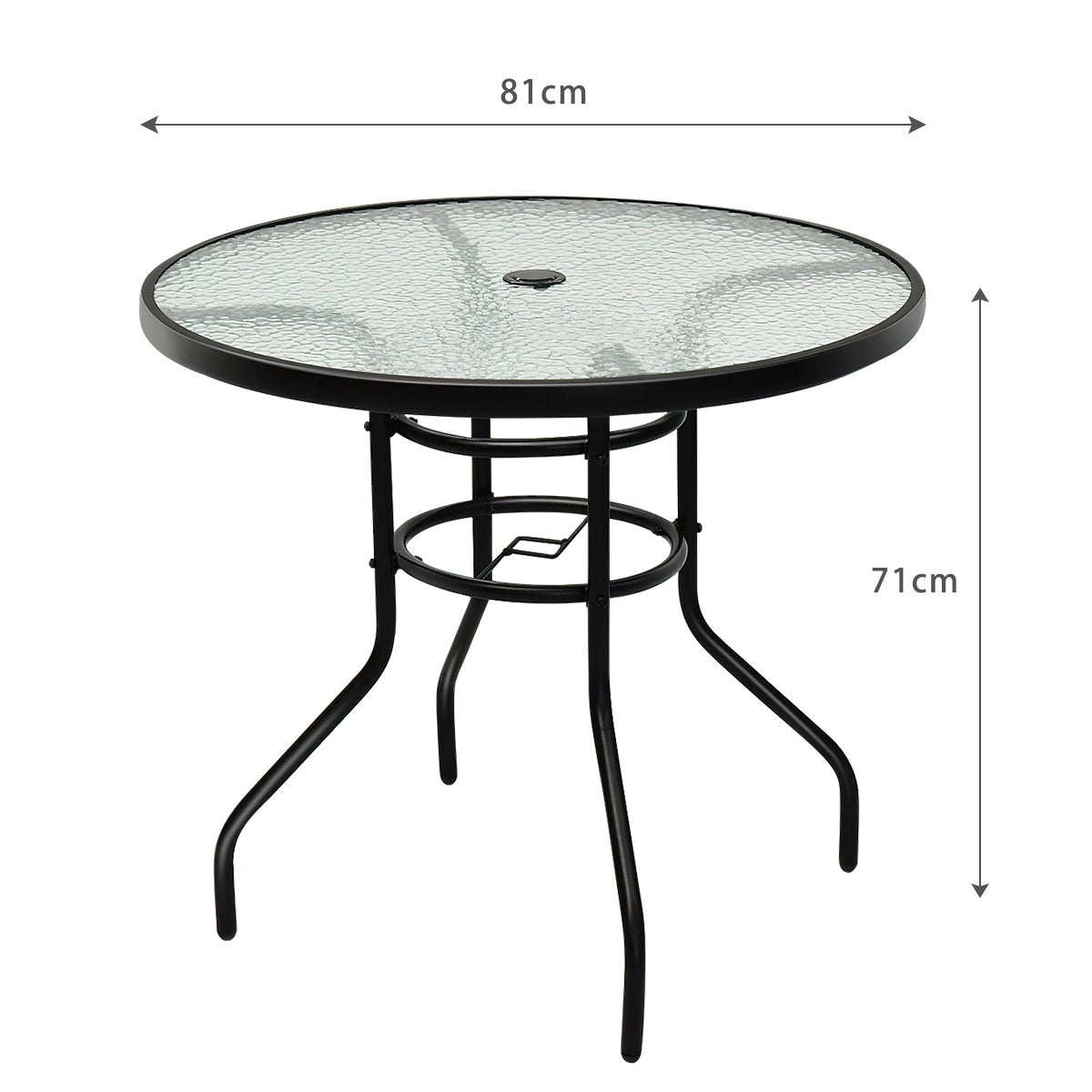 Bistrotisch aus Metall mit Schirmloch & Verdickter Glasplatte Gartentisch Glastisch Schwarz