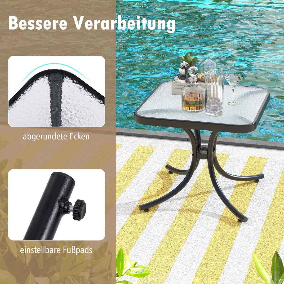 Beistelltisch mit Tischplatte aus Gehärtetem Glas Wetterfester Balkontisch Kleiner Gartentisch