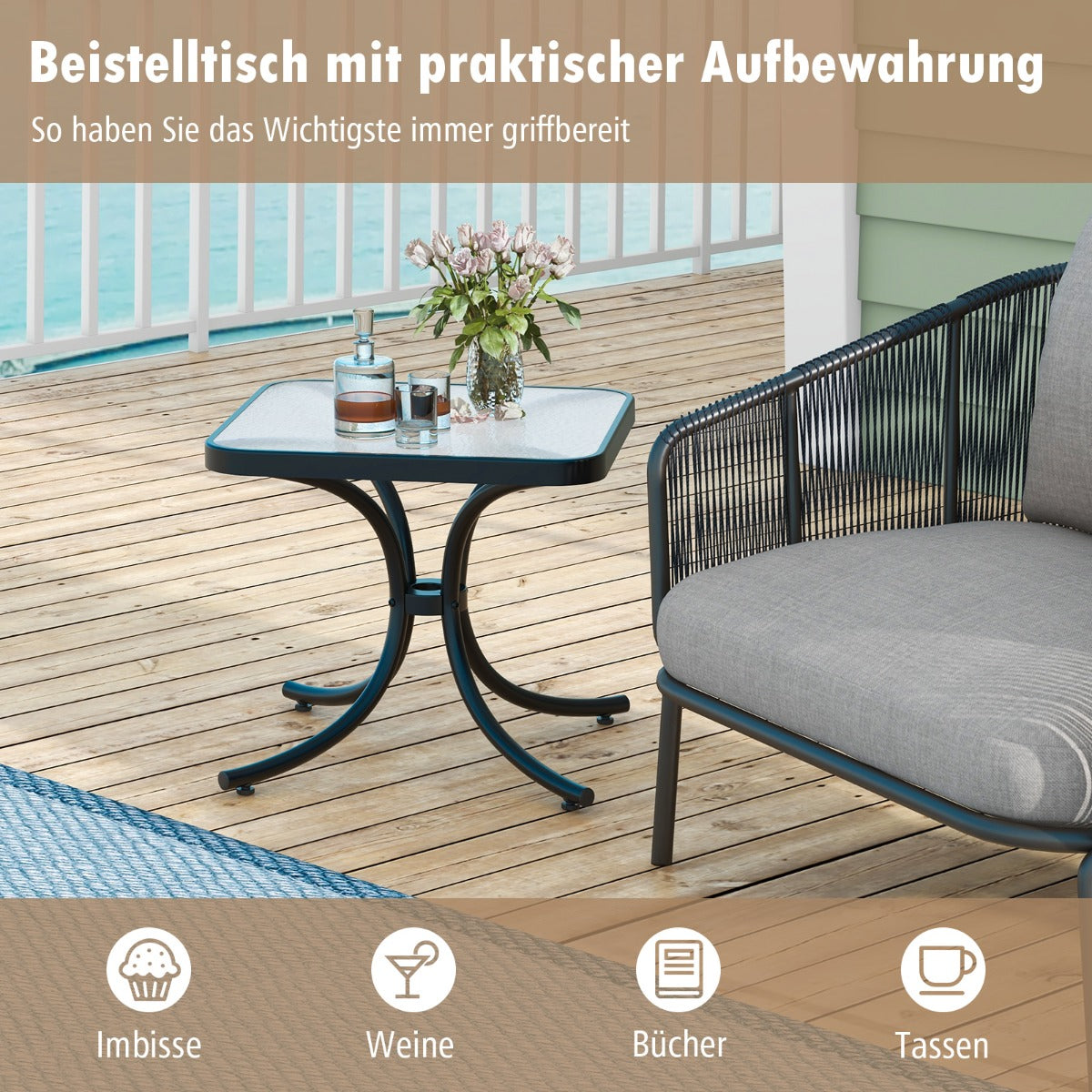 Beistelltisch mit Tischplatte aus Gehärtetem Glas Wetterfester Balkontisch Kleiner Gartentisch
