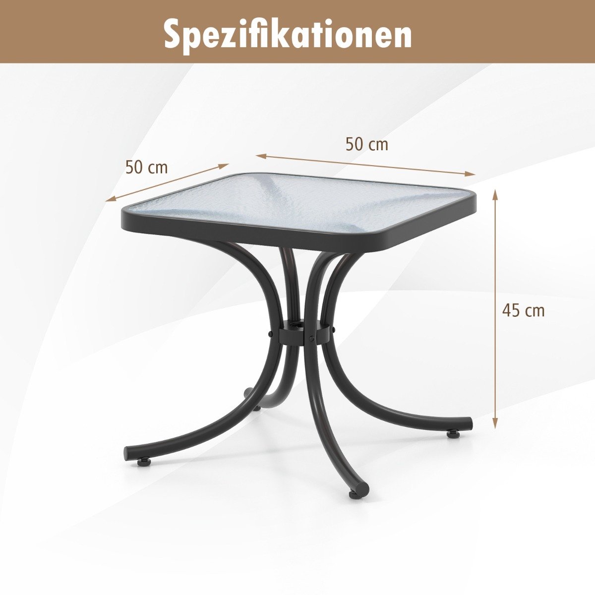 Beistelltisch mit Tischplatte aus Gehärtetem Glas Wetterfester Balkontisch Kleiner Gartentisch