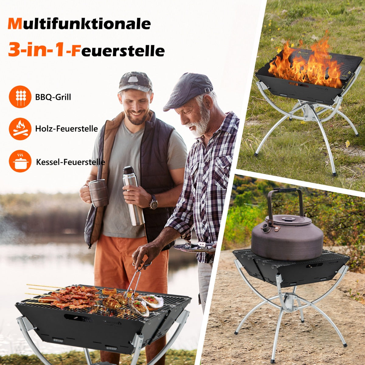 45 x 45 x 49 cm 3 in 1 Feuerstelle mit Edelstahlgrillrosten & Tragetasche & Handschuhen Campinggrill
