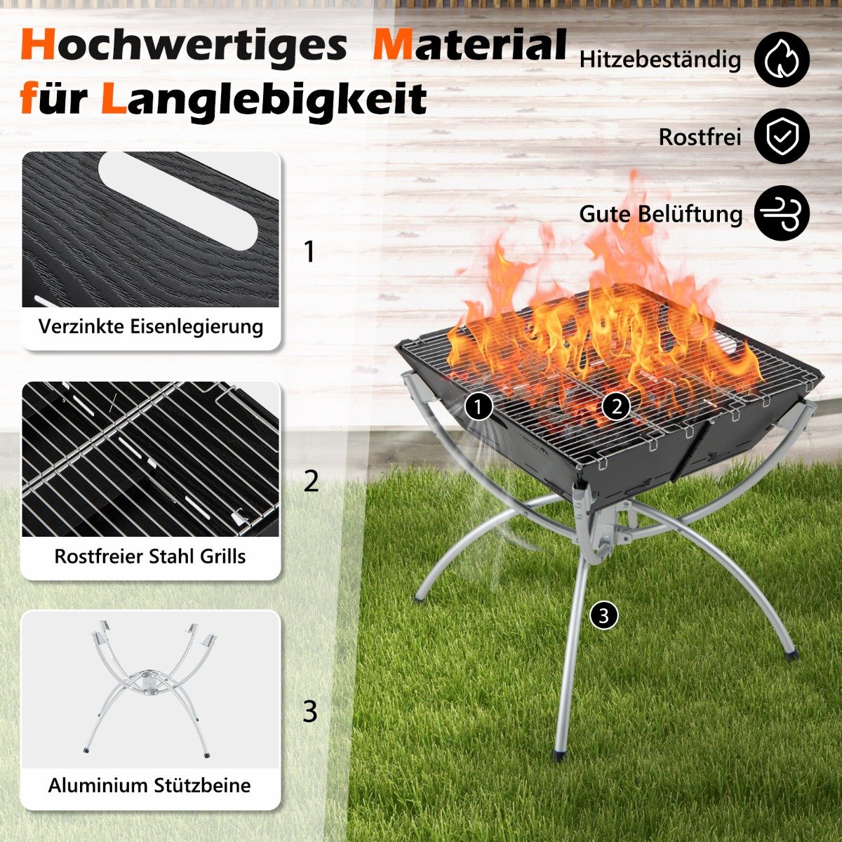 45 x 45 x 49 cm 3 in 1 Feuerstelle mit Edelstahlgrillrosten & Tragetasche & Handschuhen Campinggrill