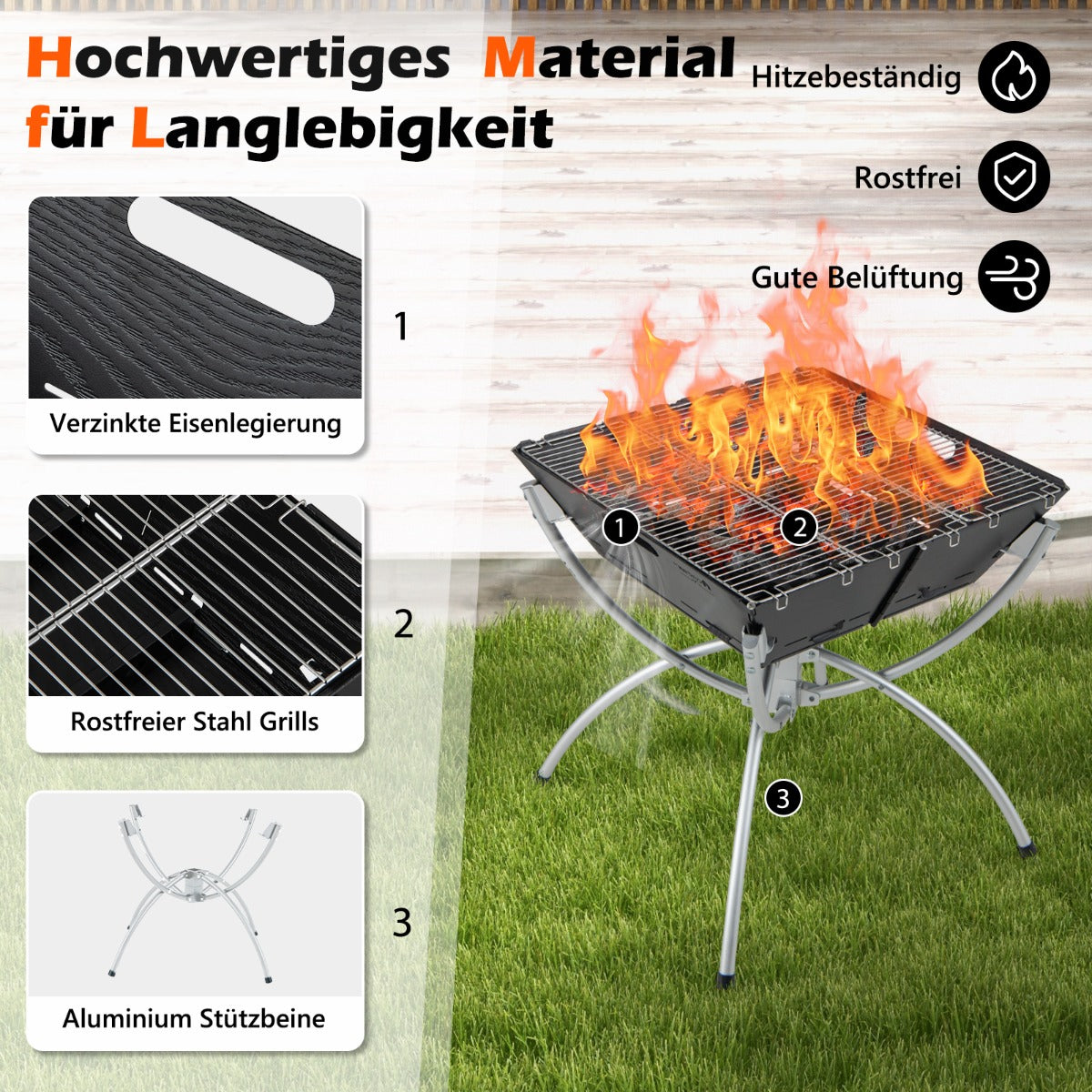 45 x 45 x 49 cm 3 in 1 Feuerstelle mit Edelstahlgrillrosten & Tragetasche & Handschuhen Campinggrill