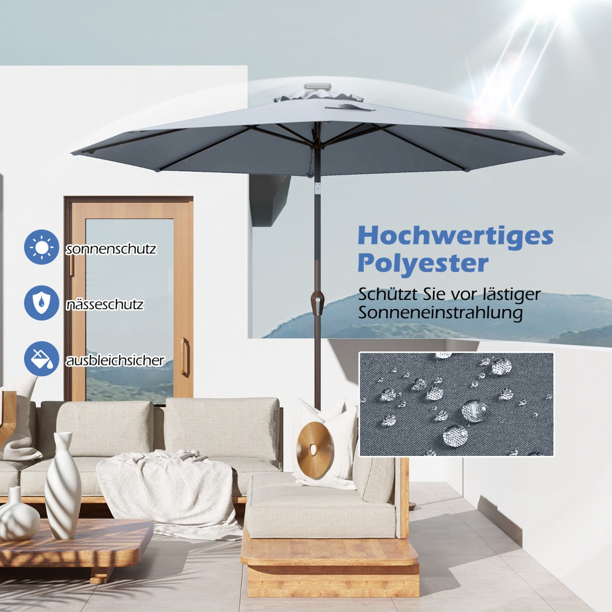 LED Beleuchtung Ampelschirm Rund Sonnenschirm Solarbetrieben Gartenschirm Kurbel Grau