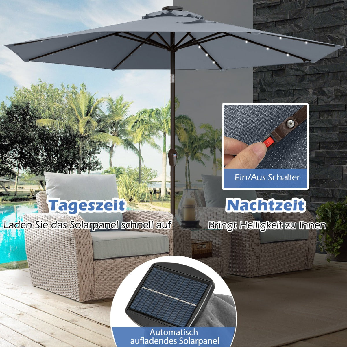 LED Beleuchtung Ampelschirm Rund Sonnenschirm Solarbetrieben Gartenschirm Kurbel Grau