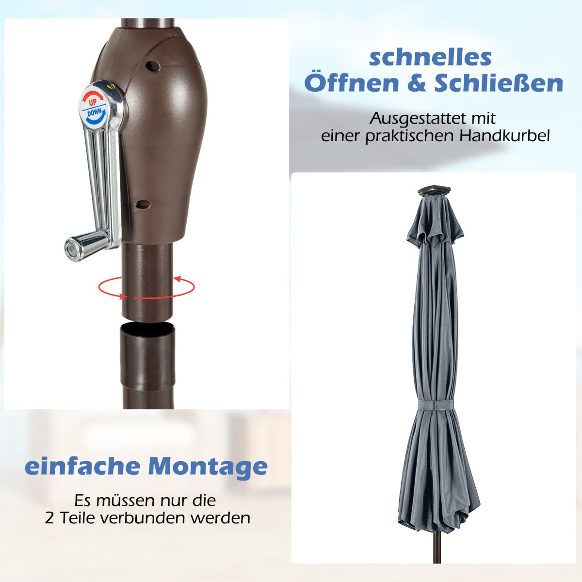 LED Beleuchtung Ampelschirm Rund Sonnenschirm Solarbetrieben Gartenschirm Kurbel Grau