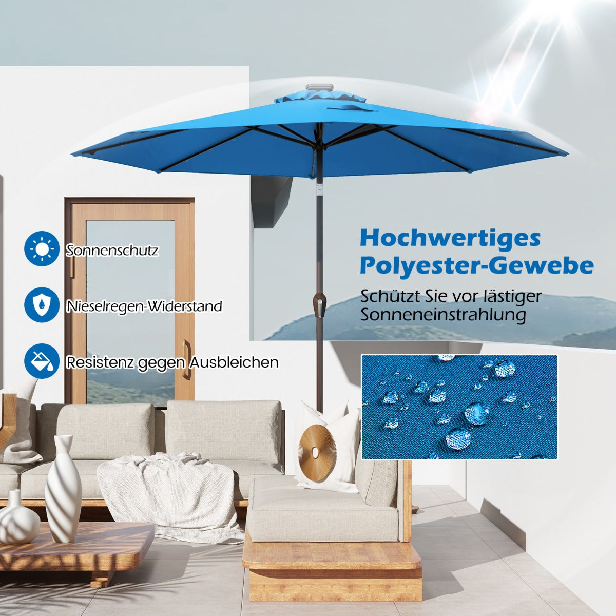 LED Beleuchtung Ampelschirm Rund Sonnenschirm Solarbetrieben Gartenschirm Kurbel Blau