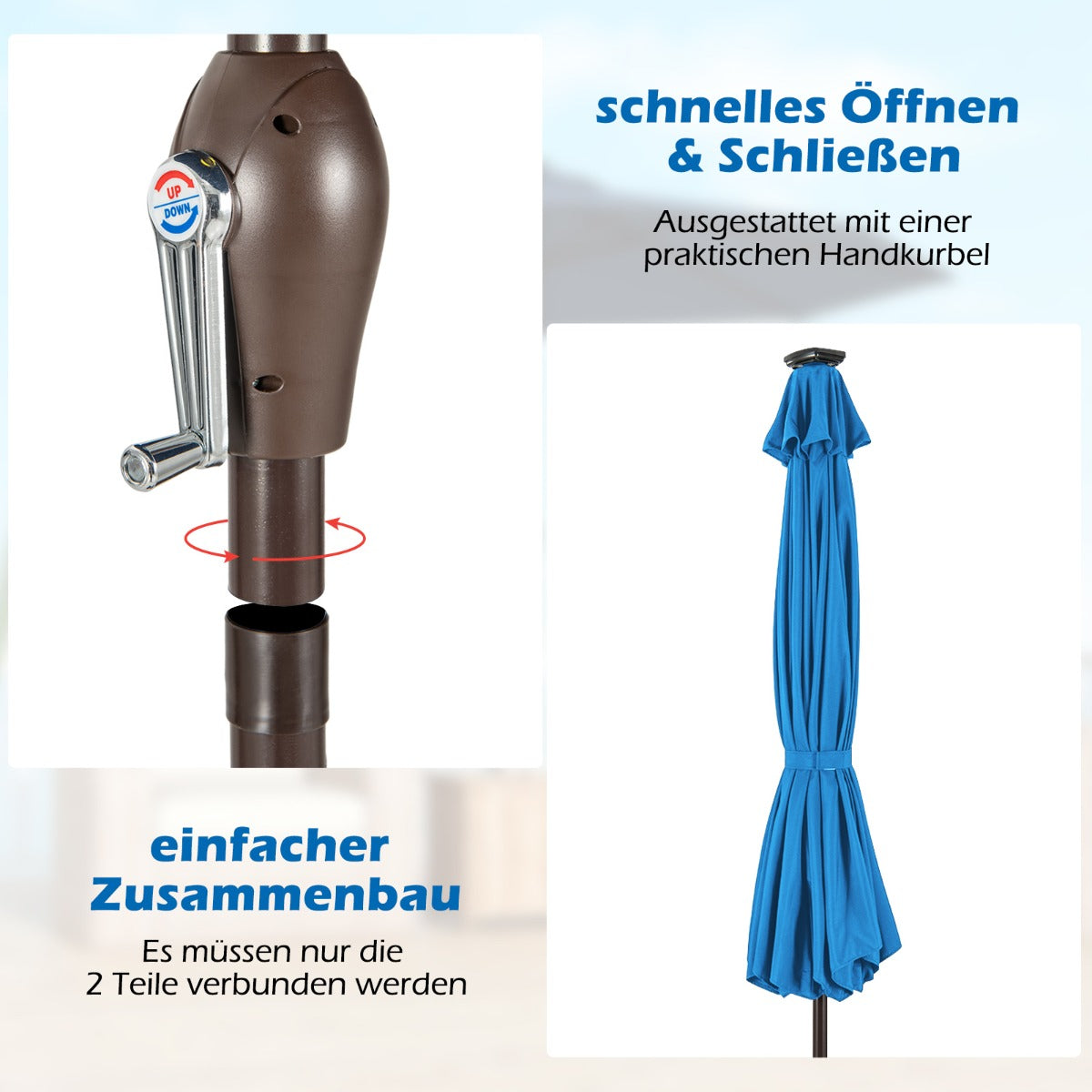 LED Beleuchtung Ampelschirm Rund Sonnenschirm Solarbetrieben Gartenschirm Kurbel Blau