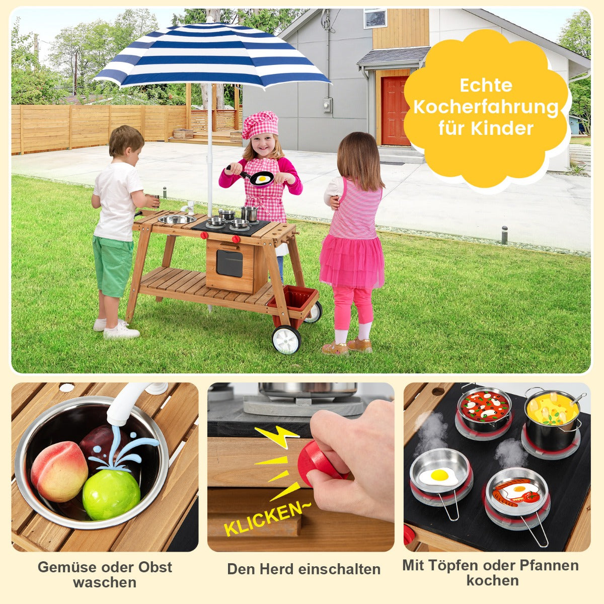 Matschküche Kinder Outdoor Kinderküche Holz mit Sonnenschirm & Rollen Blau