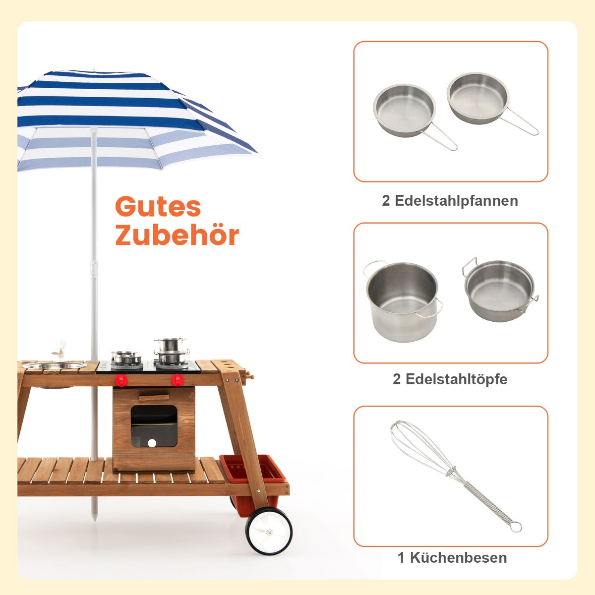 Matschküche Kinder Outdoor Kinderküche Holz mit Sonnenschirm & Rollen Blau