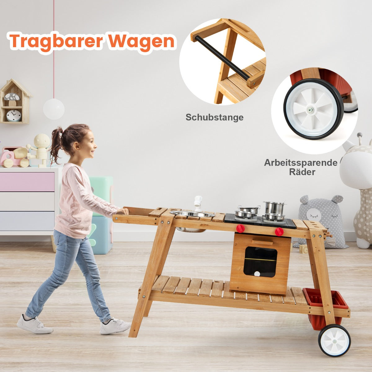 Matschküche Kinder Outdoor Kinderküche Holz mit Sonnenschirm & Rollen Blau