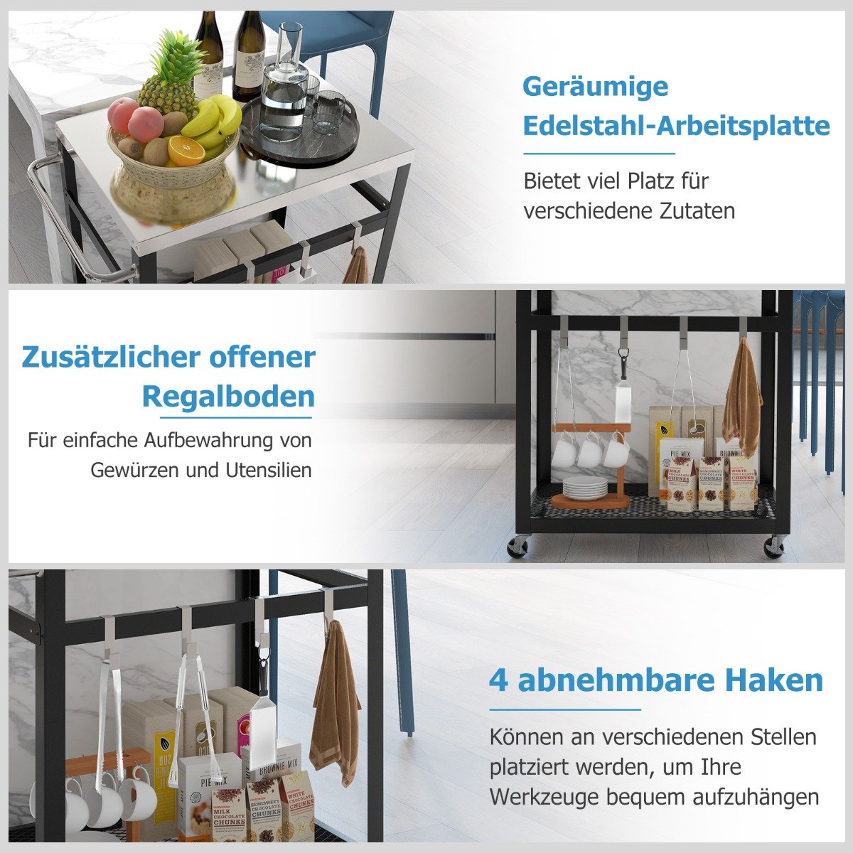 2-stöckiger Grillwagen aus Edelstahl mit Rädern & Griff & Haken Outdoor-Wagen Arbeitstisch