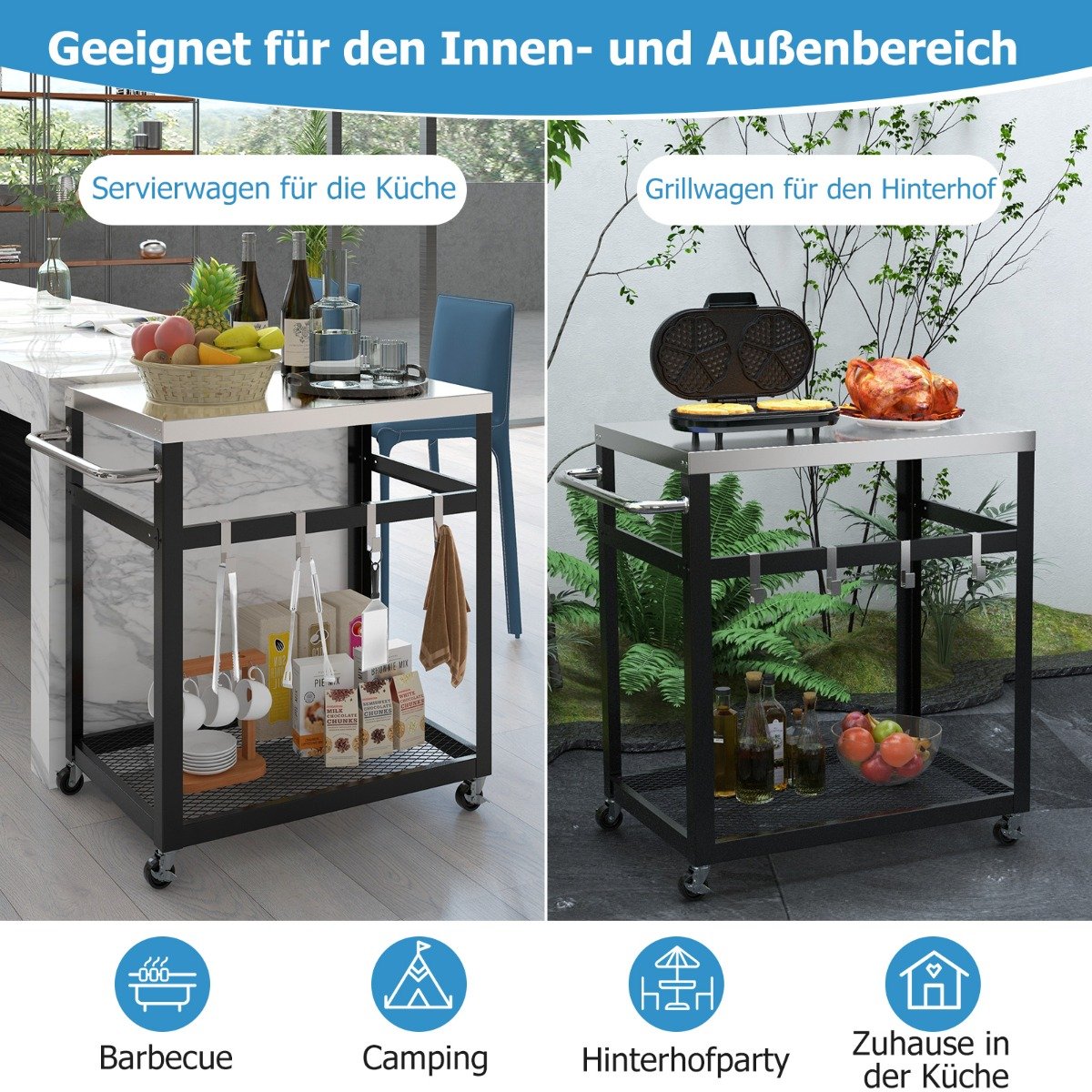 2-stöckiger Grillwagen aus Edelstahl mit Rädern & Griff & Haken Outdoor-Wagen Arbeitstisch