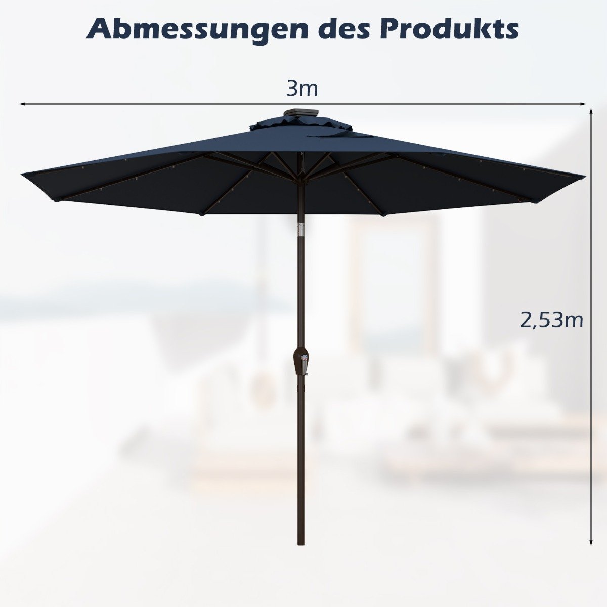 LED Beleuchtung Ampelschirm Rund Sonnenschirm Solarbetrieben Gartenschirm Kurbel Dunkelblau