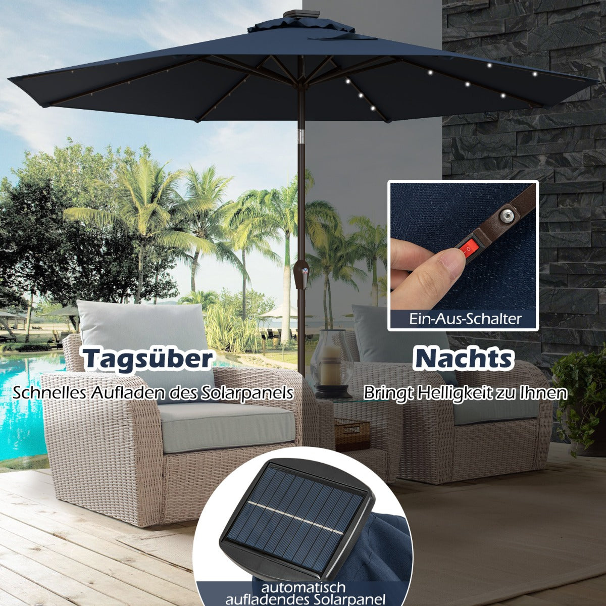 LED Beleuchtung Ampelschirm Rund Sonnenschirm Solarbetrieben Gartenschirm Kurbel Dunkelblau