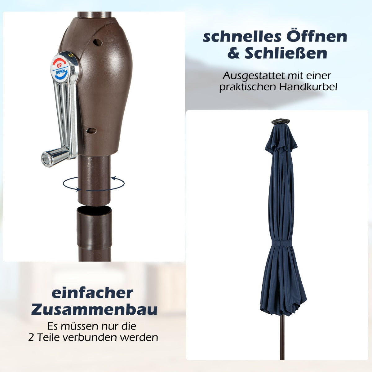 LED Beleuchtung Ampelschirm Rund Sonnenschirm Solarbetrieben Gartenschirm Kurbel Dunkelblau