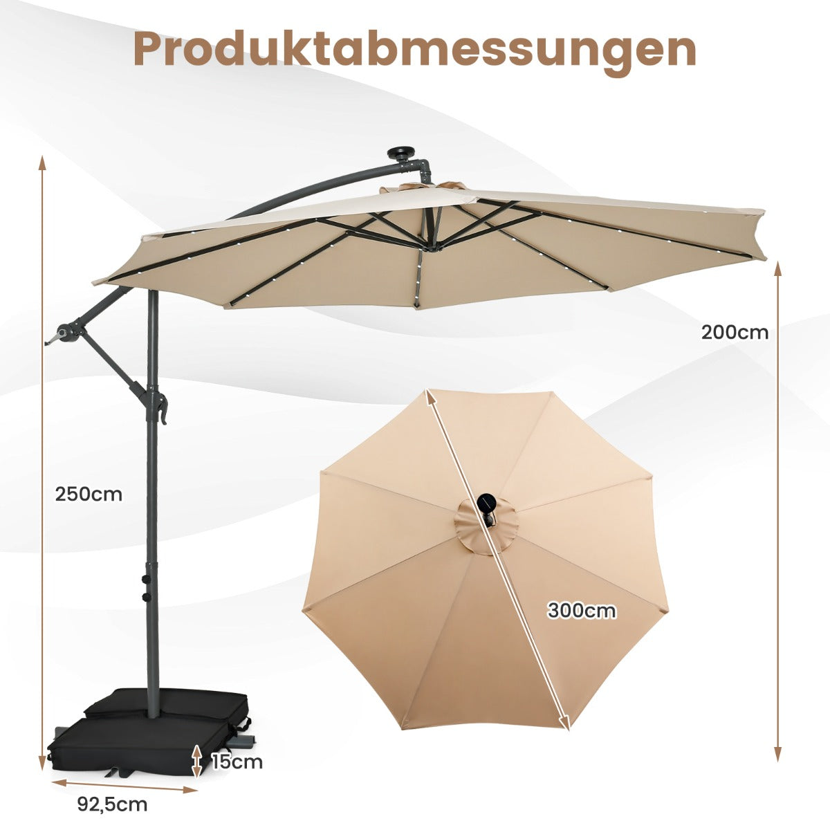 300 cm Ampelschirm mit 40 Solar-LED-Leuchten & Sandsäcke & Kurbel & UV-Schutz Sonnenschirm Beige