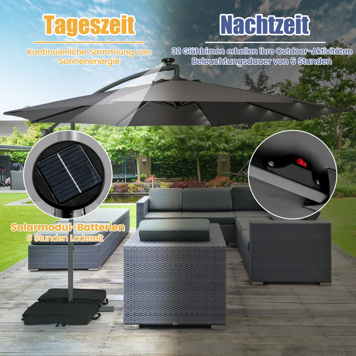 300 cm Ampelschirm mit 40 Solar-LED-Leuchten & Sandsäcke & Kurbel & UV-Schutz Sonnenschirm Grau
