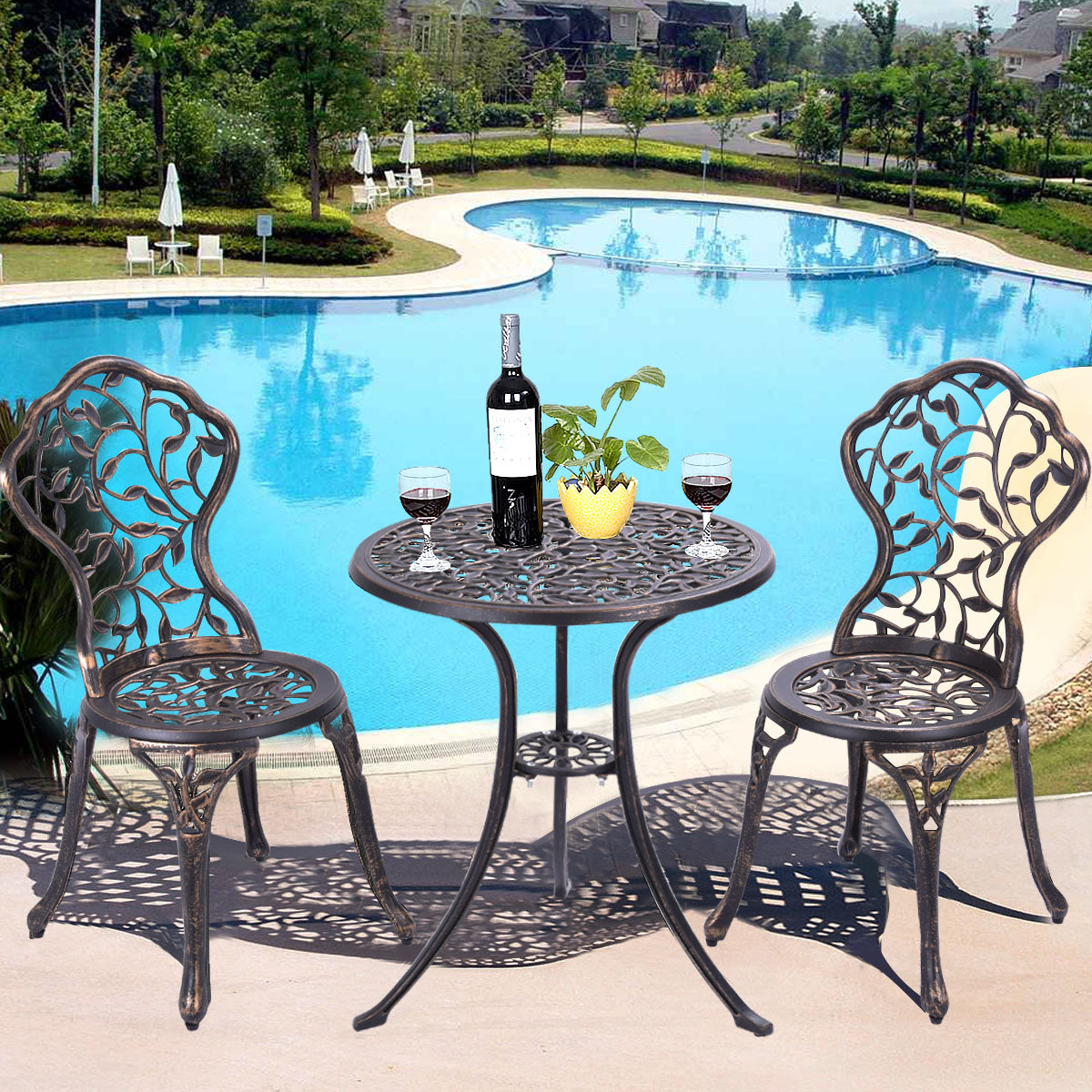 3 tlg Antik Aluminiumguss Bistroset Balkonset Sitzgruppe Gartentisch mit 2 Stühle Schwarz