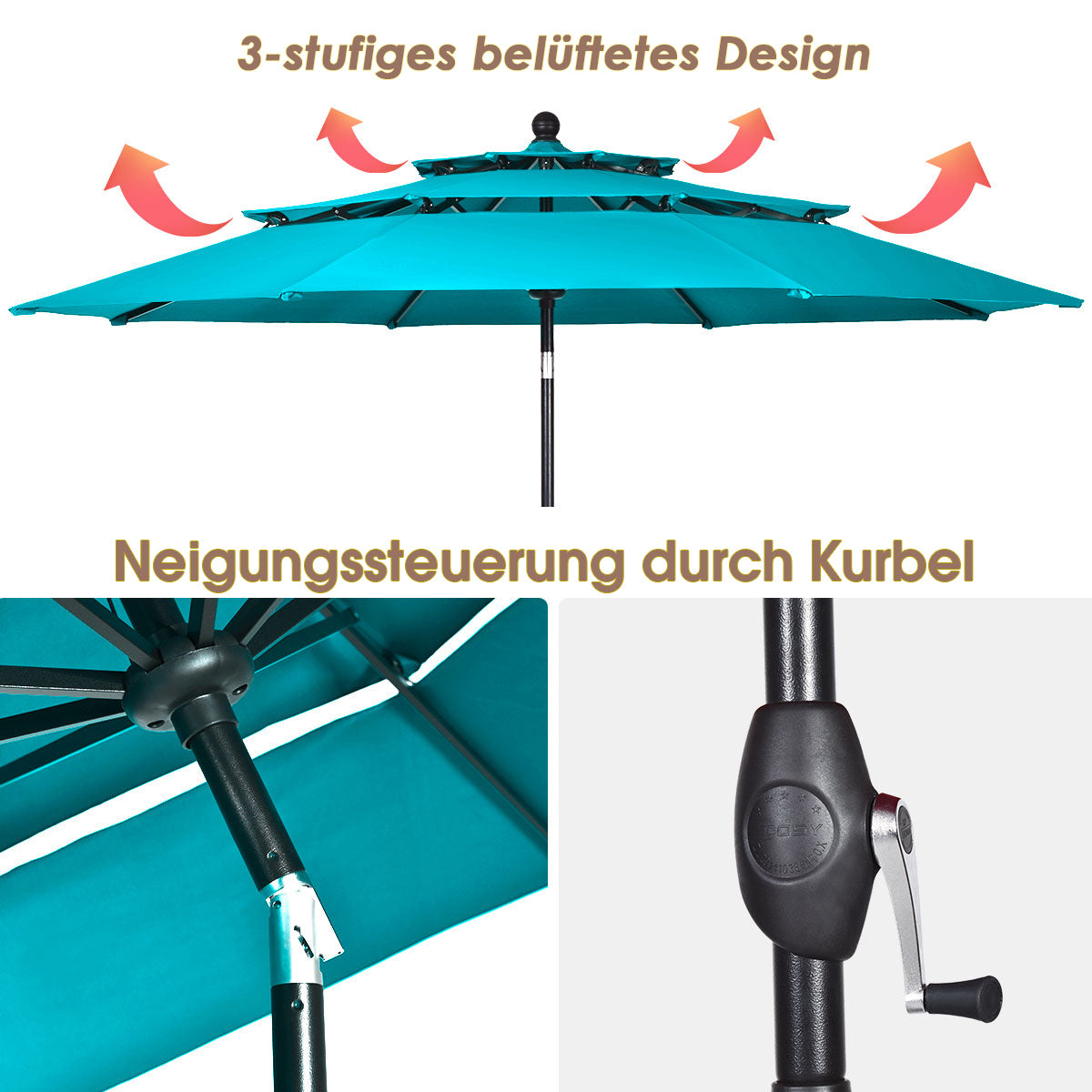 300 cm Sonnenschirm aus Aluminium mit 3-stufigem Dach Automatisch Neigbarer Standschirm GrÃ¼n