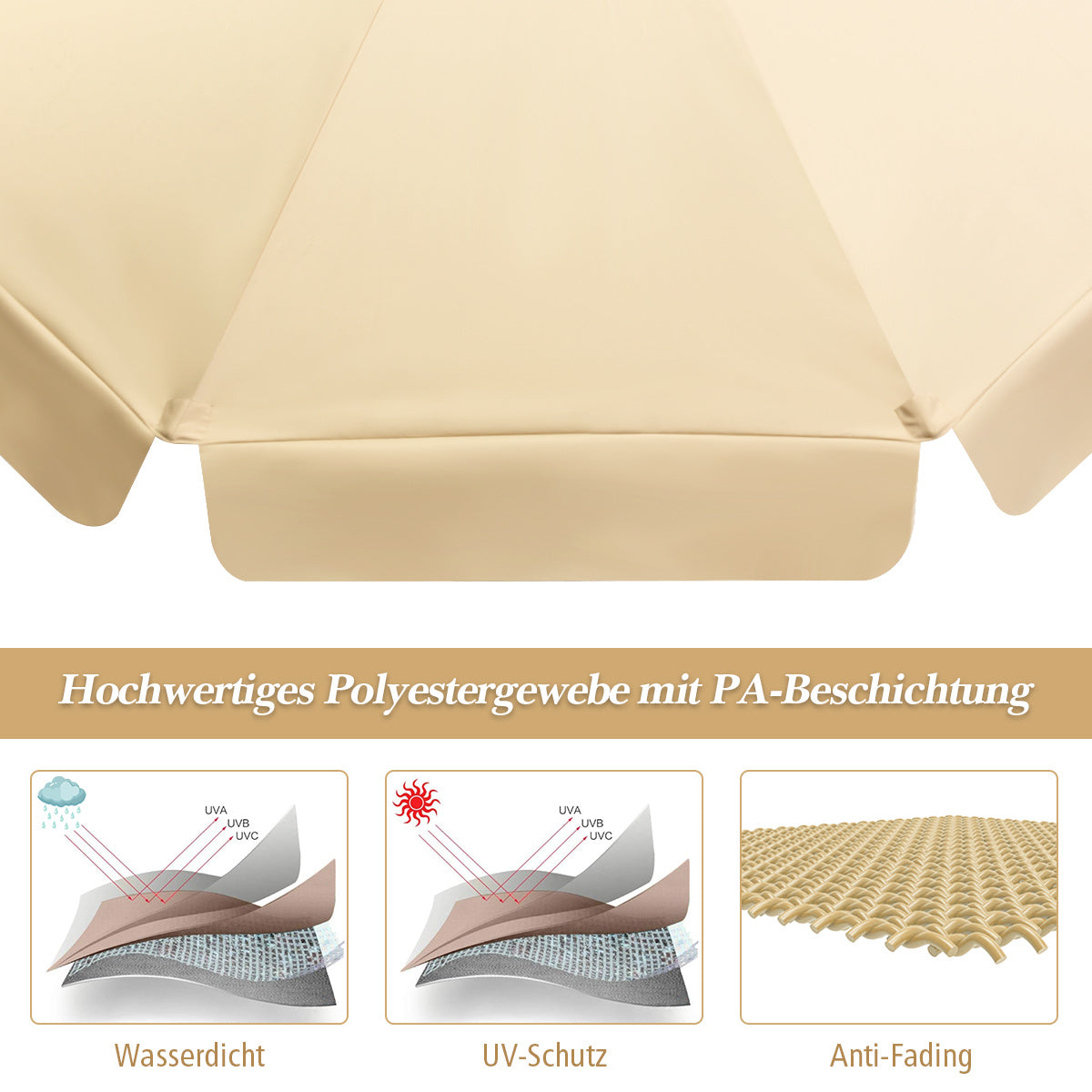 3m Kippbarer Sonnenschirm aus Wasserdichtem Polyestergewebe Terrassenschirm mit UV-Schutz Beige