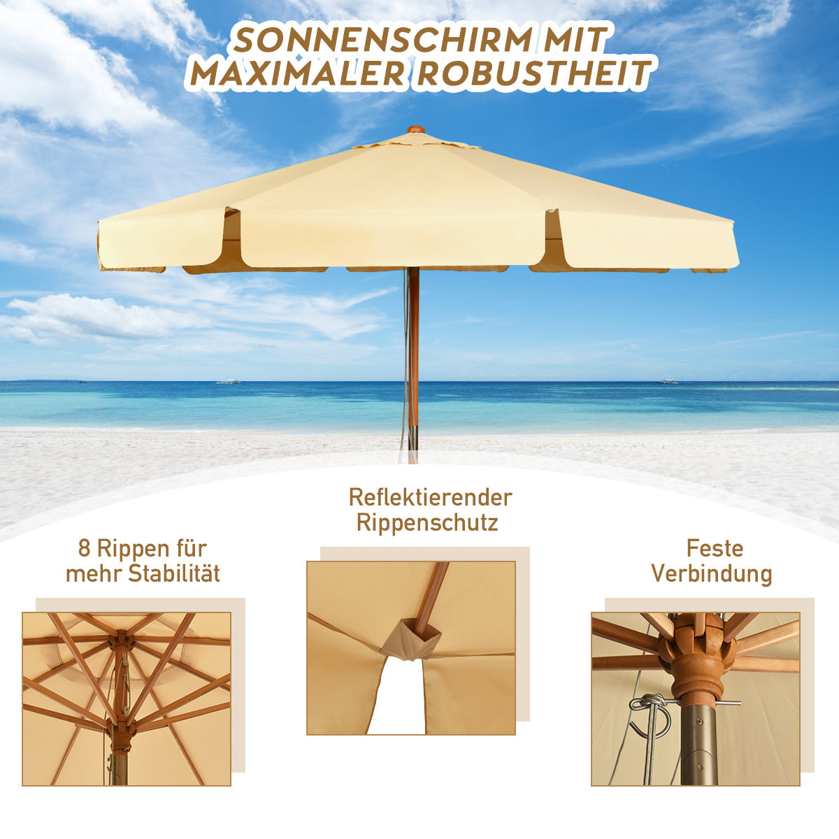 3m Kippbarer Sonnenschirm aus Wasserdichtem Polyestergewebe Terrassenschirm mit UV-Schutz Beige