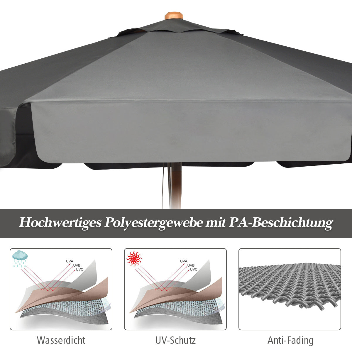 3m Sonnenschirm mit verstellvarem Neigungswinkels 8 Querstreben & Wasserdichtes Polyestergewebe mit UV-Schutz Grau