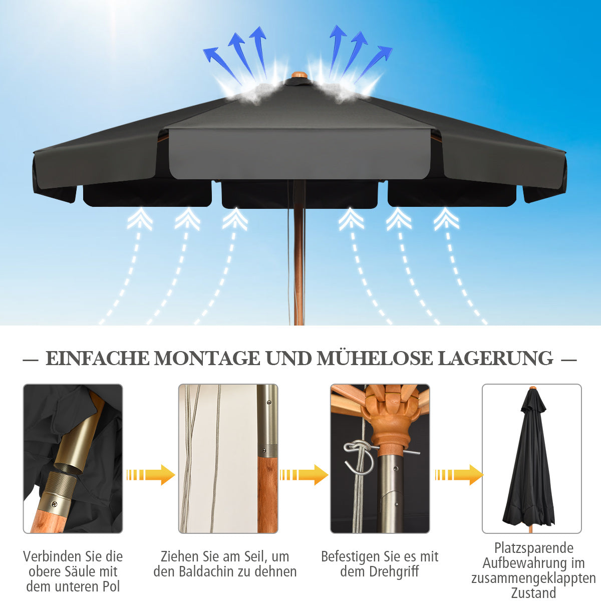 3m Sonnenschirm mit verstellvarem Neigungswinkels 8 Querstreben & Wasserdichtes Polyestergewebe mit UV-Schutz Grau