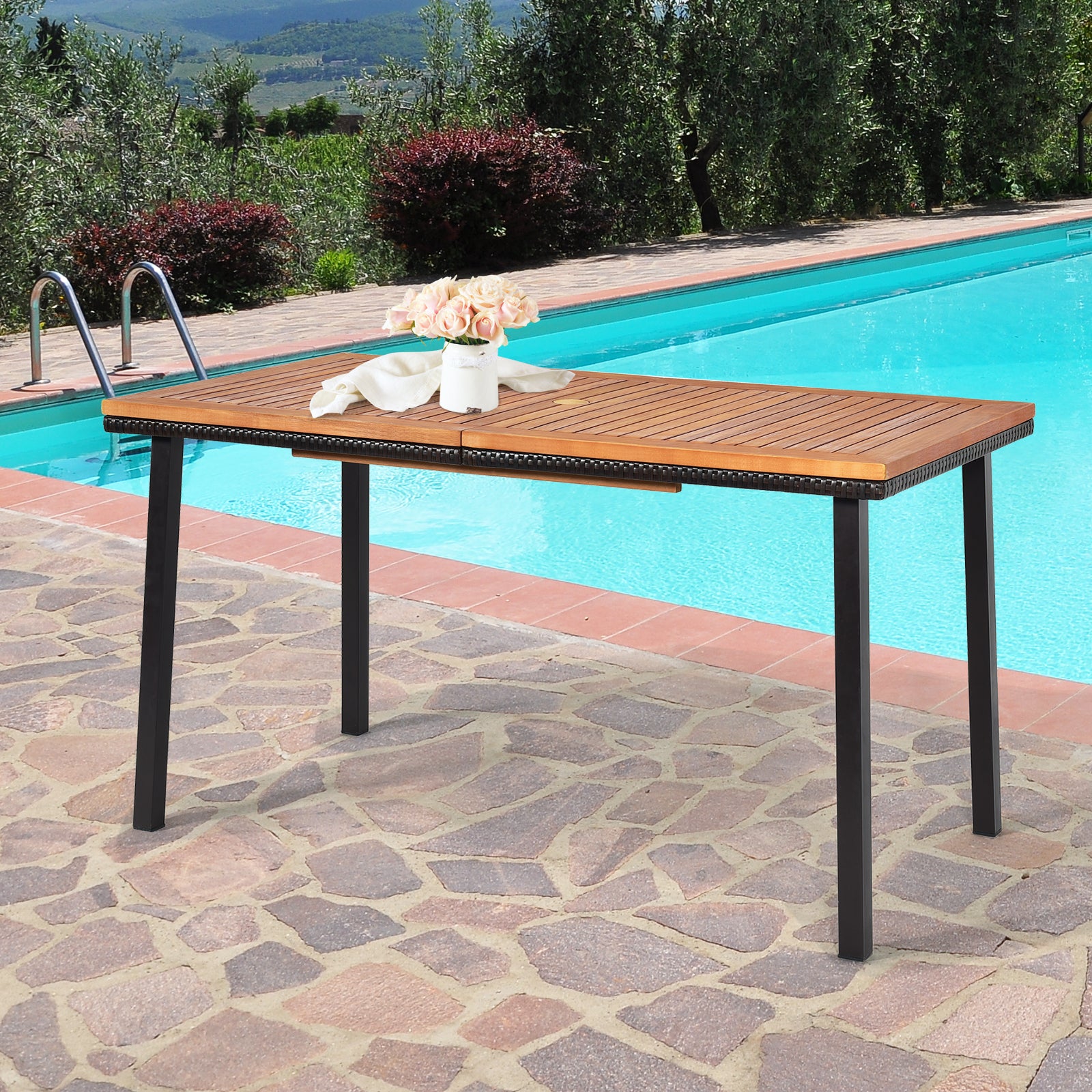 Gartentisch Esstisch mit Schirmloch Holztisch Terrassentisch Akazienholz 140 x 75 x 76 cm Natur