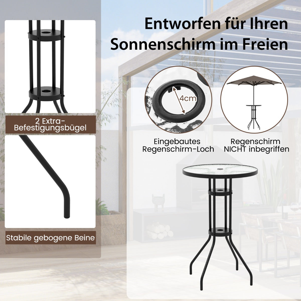 3 tlg. Outdoor-Bistro-Set Terrassen-Bartisch mit 2 Klappbaren Stühlen & Sonnenschirmloch Beige