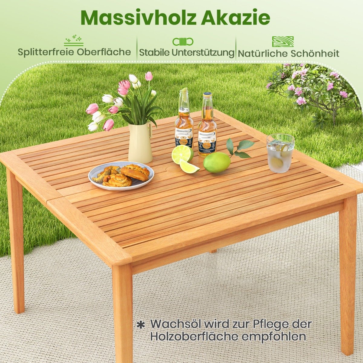 Gartentisch aus Akazienholz mit Schirmloch Terrassentisch Quadratischer Balkontisch