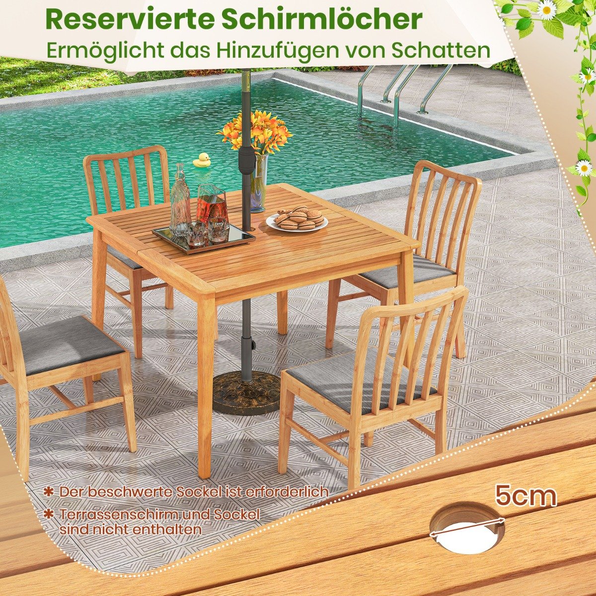 Gartentisch aus Akazienholz mit Schirmloch Terrassentisch Quadratischer Balkontisch