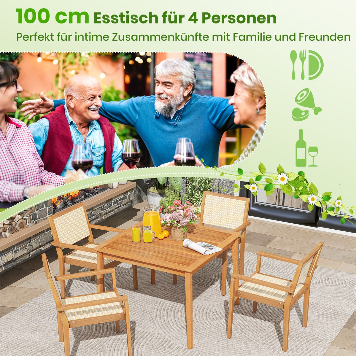 Gartentisch aus Akazienholz mit Schirmloch Terrassentisch Quadratischer Balkontisch