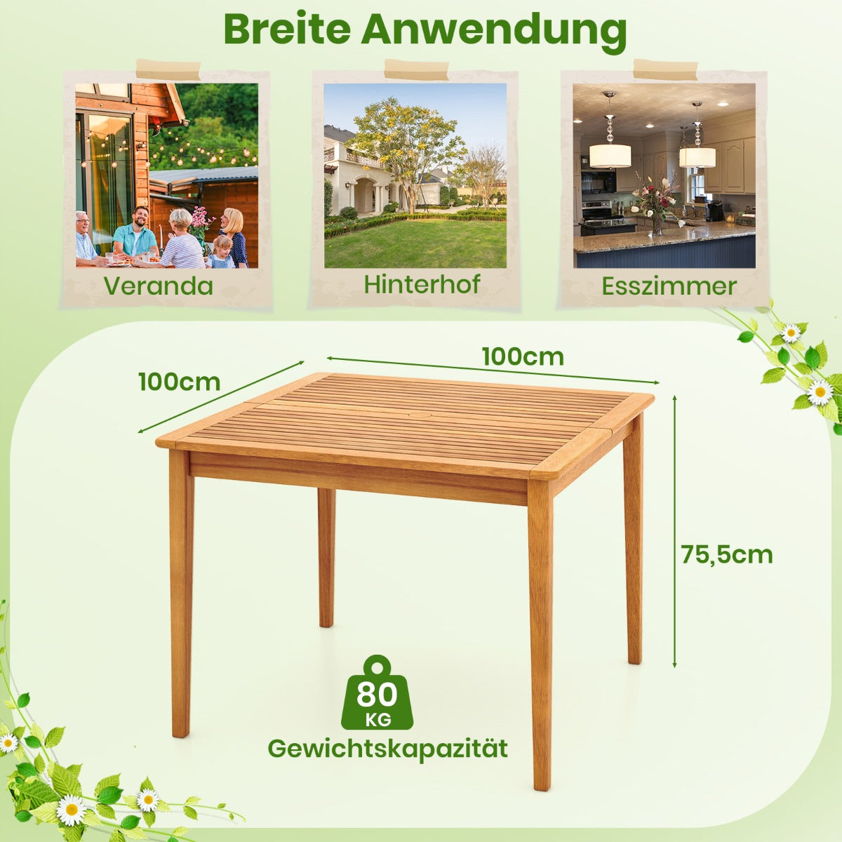 Gartentisch aus Akazienholz mit Schirmloch Terrassentisch Quadratischer Balkontisch