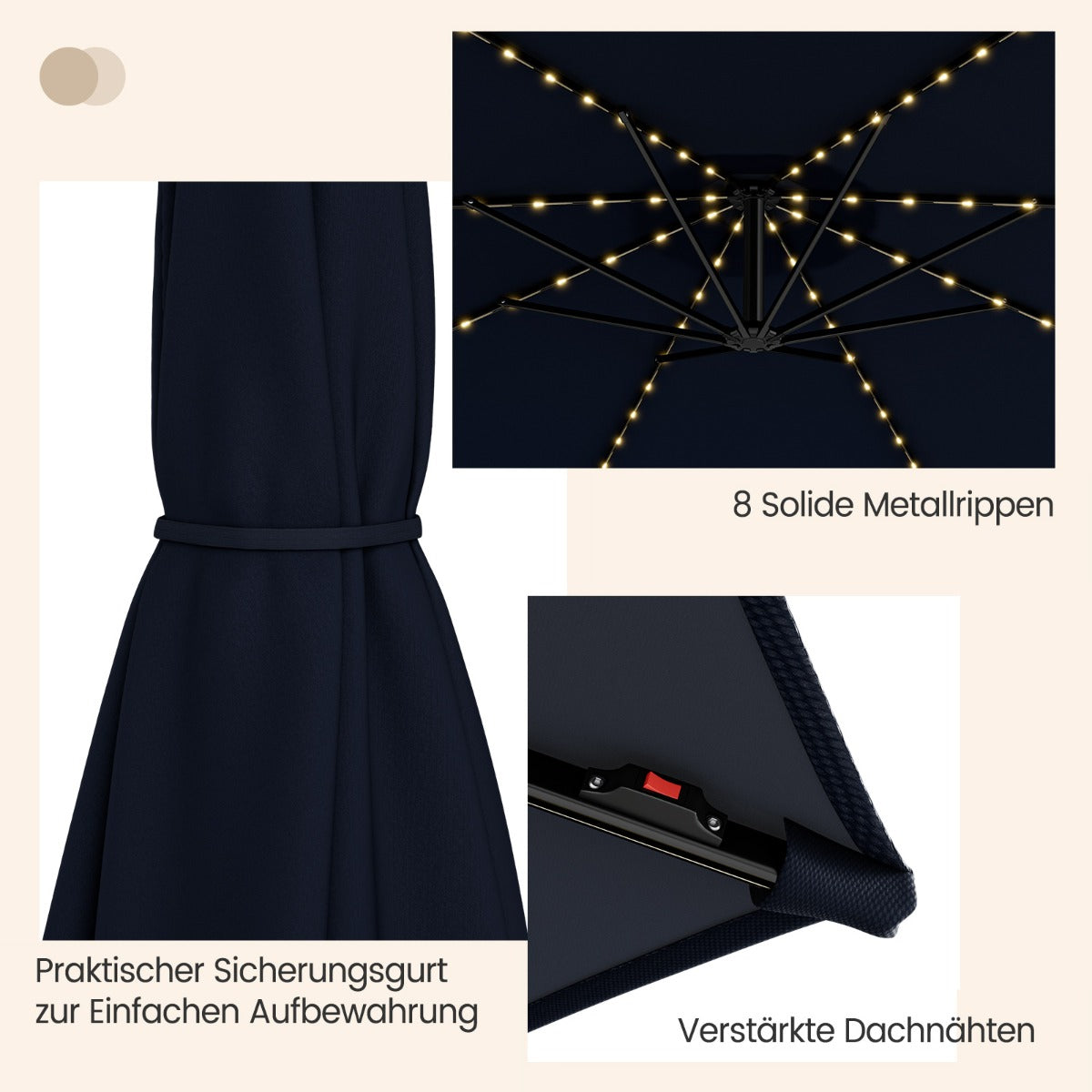 Beleuchteter Sonnenschirm mit 112 LED-Leuchten Solarbetriebener Terrassenschirm Marine